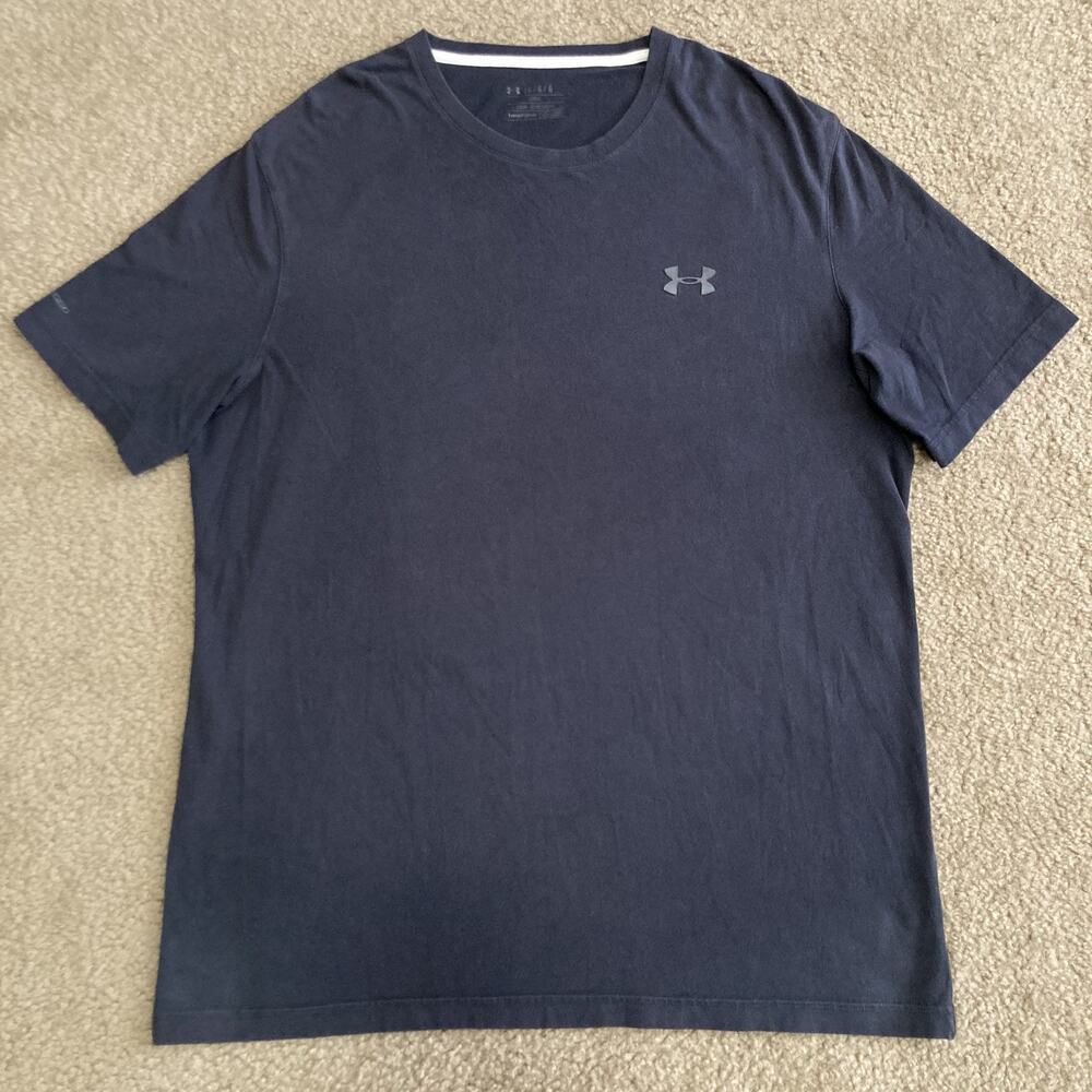 Under Armour Shirt Loose Fit Black w/ Gray Logo HeatGear Short Sleeve Mens Large